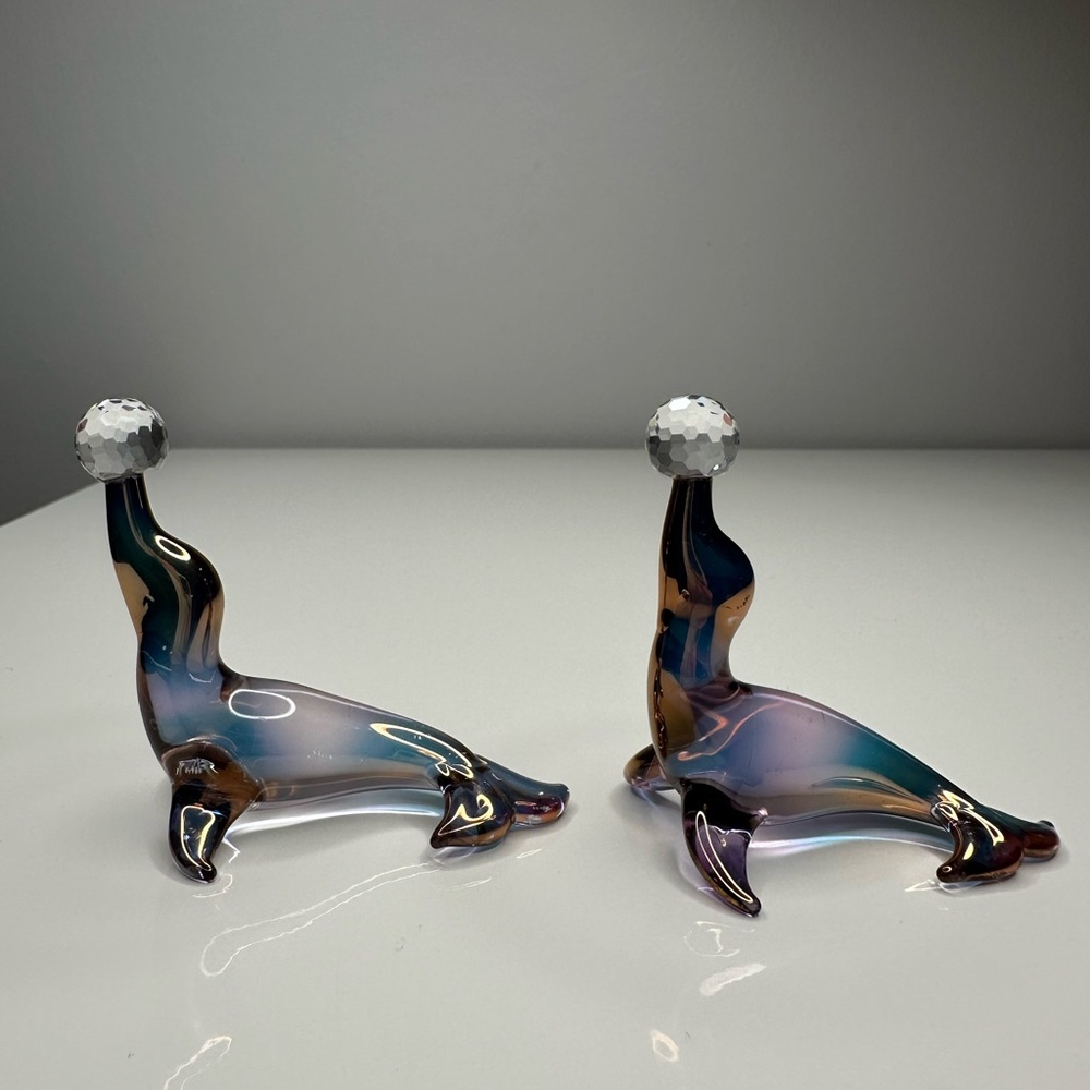 2 Vintage Hand Blown Glass Sea Lion Figurines w/Crystal Ball